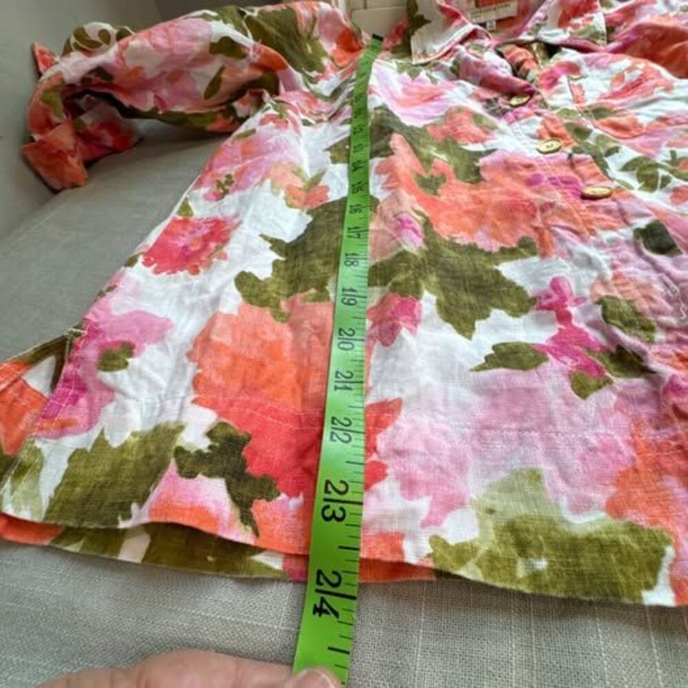 Jones New York Floral 100% Linen 3/4 Roll Tab Sleeve Top (Size Medium) - Picture 9 of 9